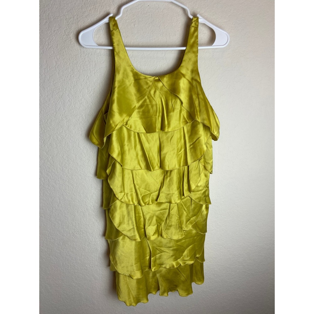 Paule Ka Silk Cocktail Dress Ruffle Tiered Sleeveless Party Yellow Gold